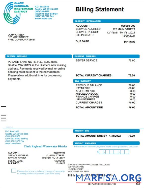 Printable USA Washington Clark Regional Wastewater District utility bill, Word and PDF template